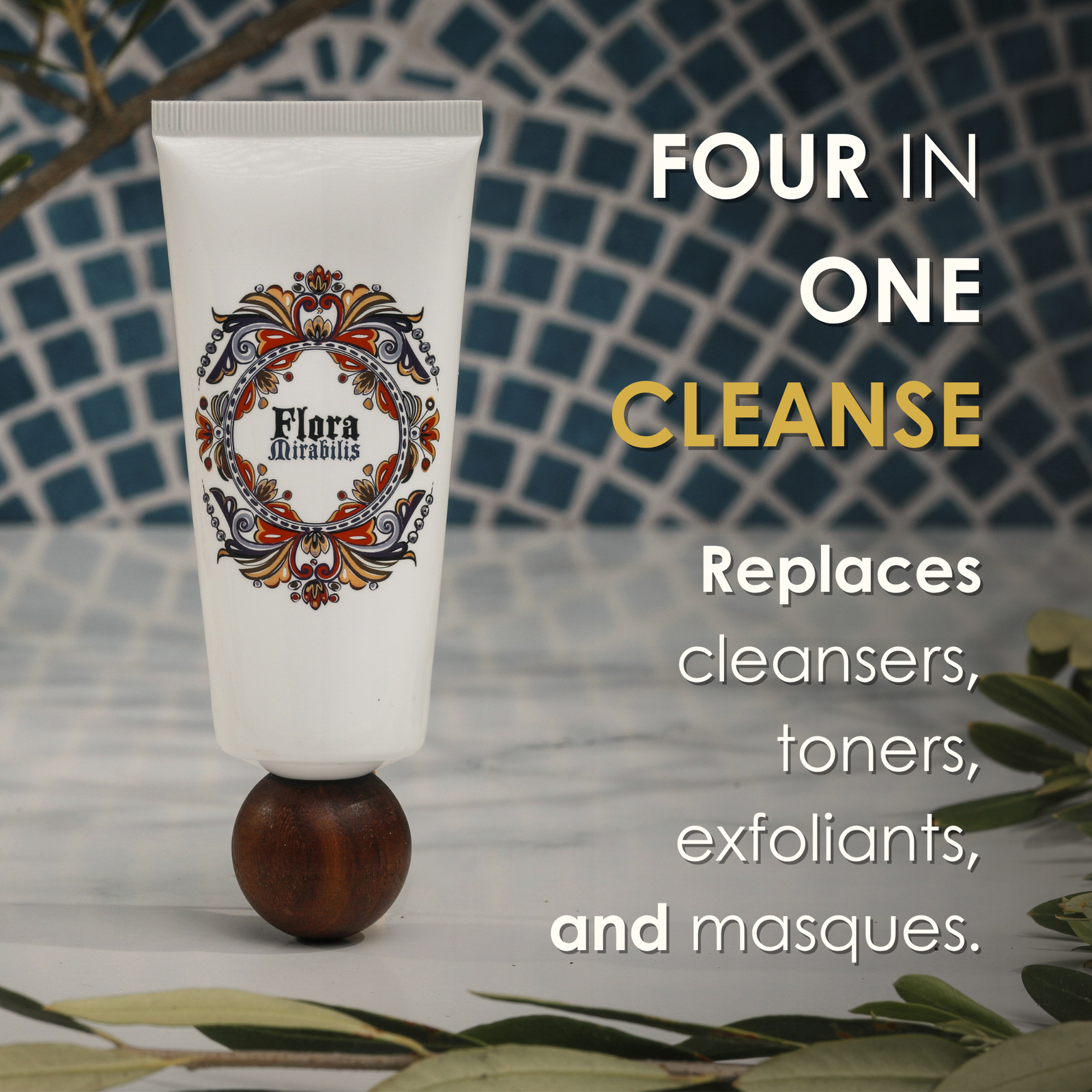 Flora Mirabilis Fountain of Youth Cleansing Clay tube standing upright with text overlay highlighting its four-in-one cleansing benefits.