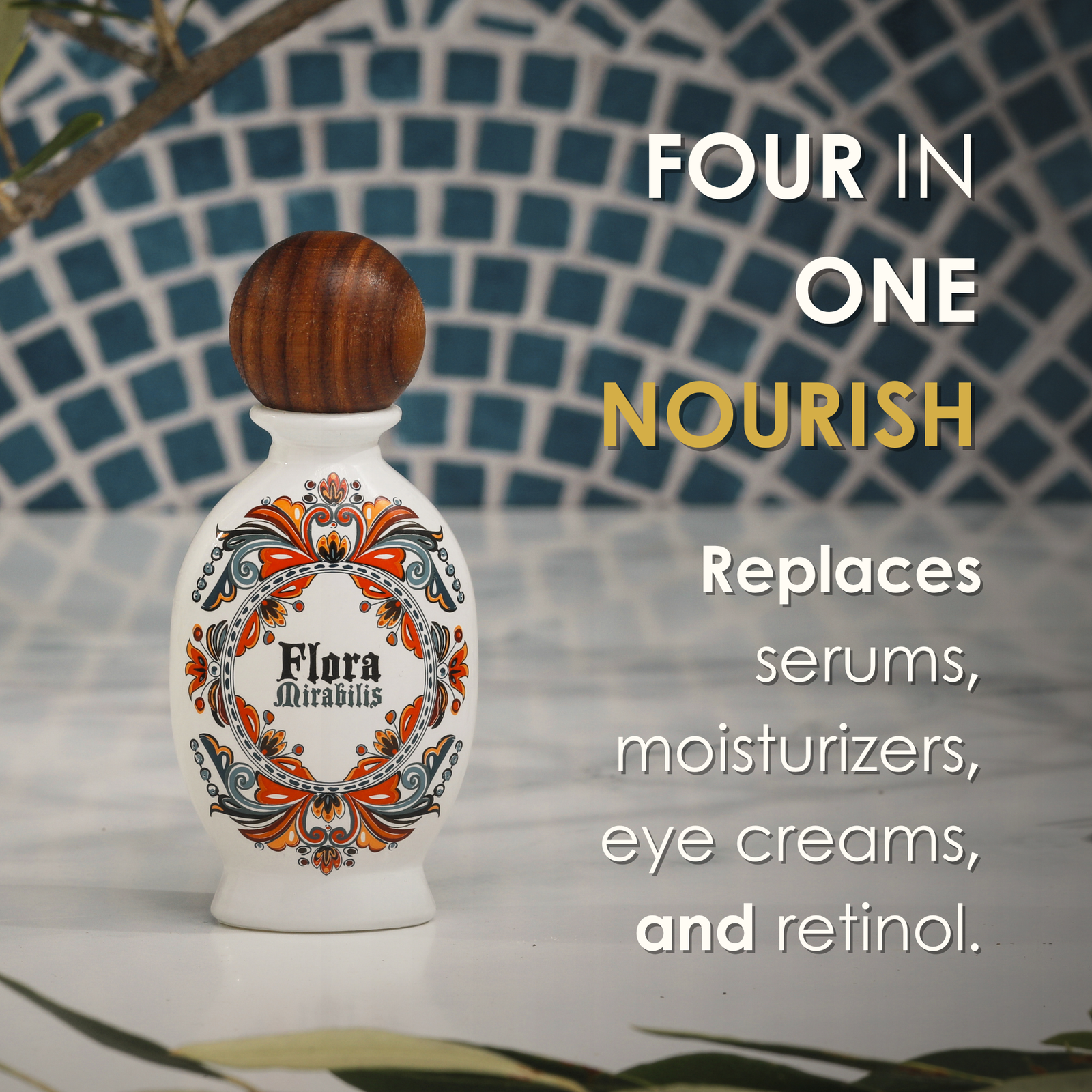 Flora Mirabilis Holy Grail Face Oil bottle with wooden cap and text overlay describing its four-in-one nourishing benefits.