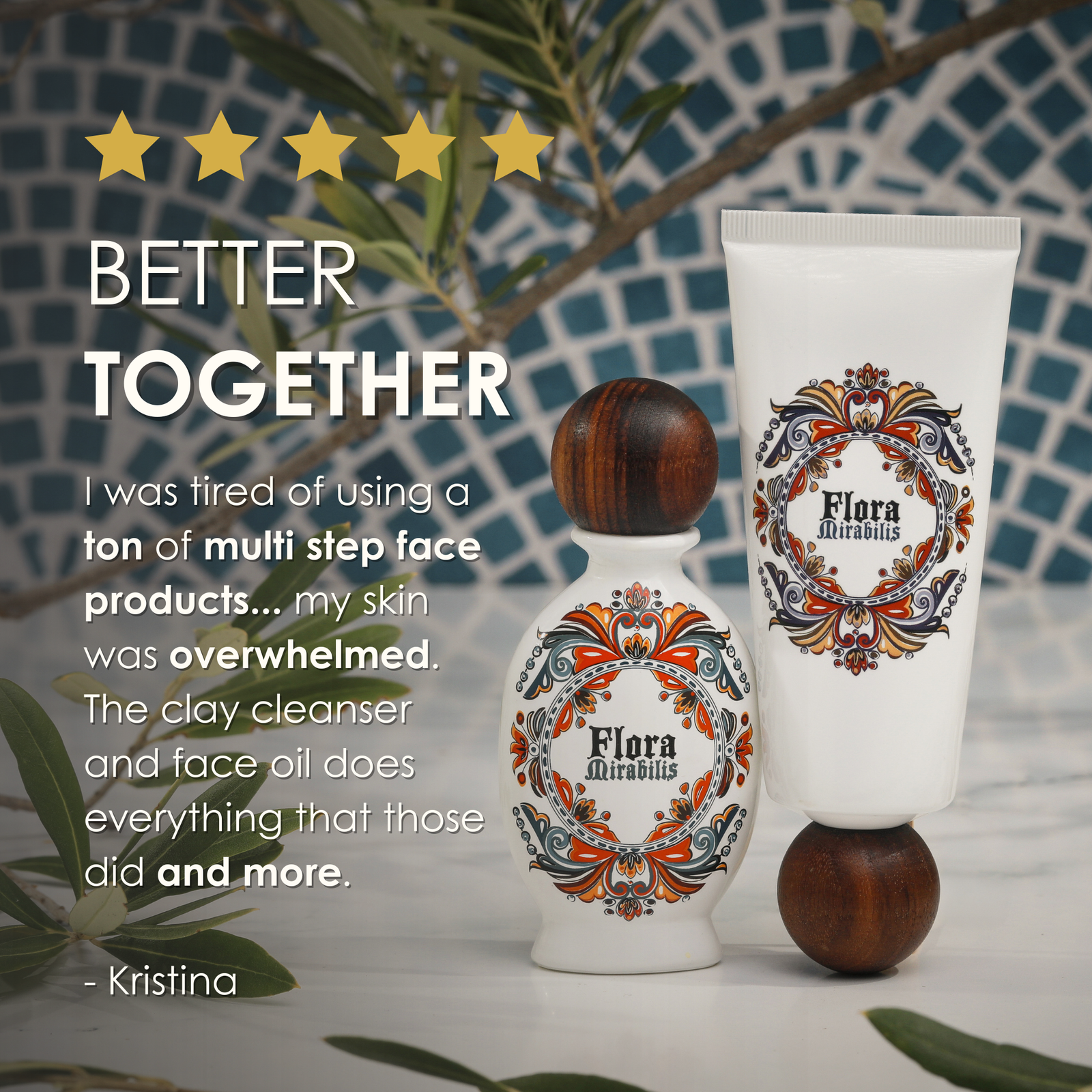 Flora Mirabilis Holy Grail Face Oil and Cleansing Clay displayed together with five-star review about simplifying multi-step skincare routines.