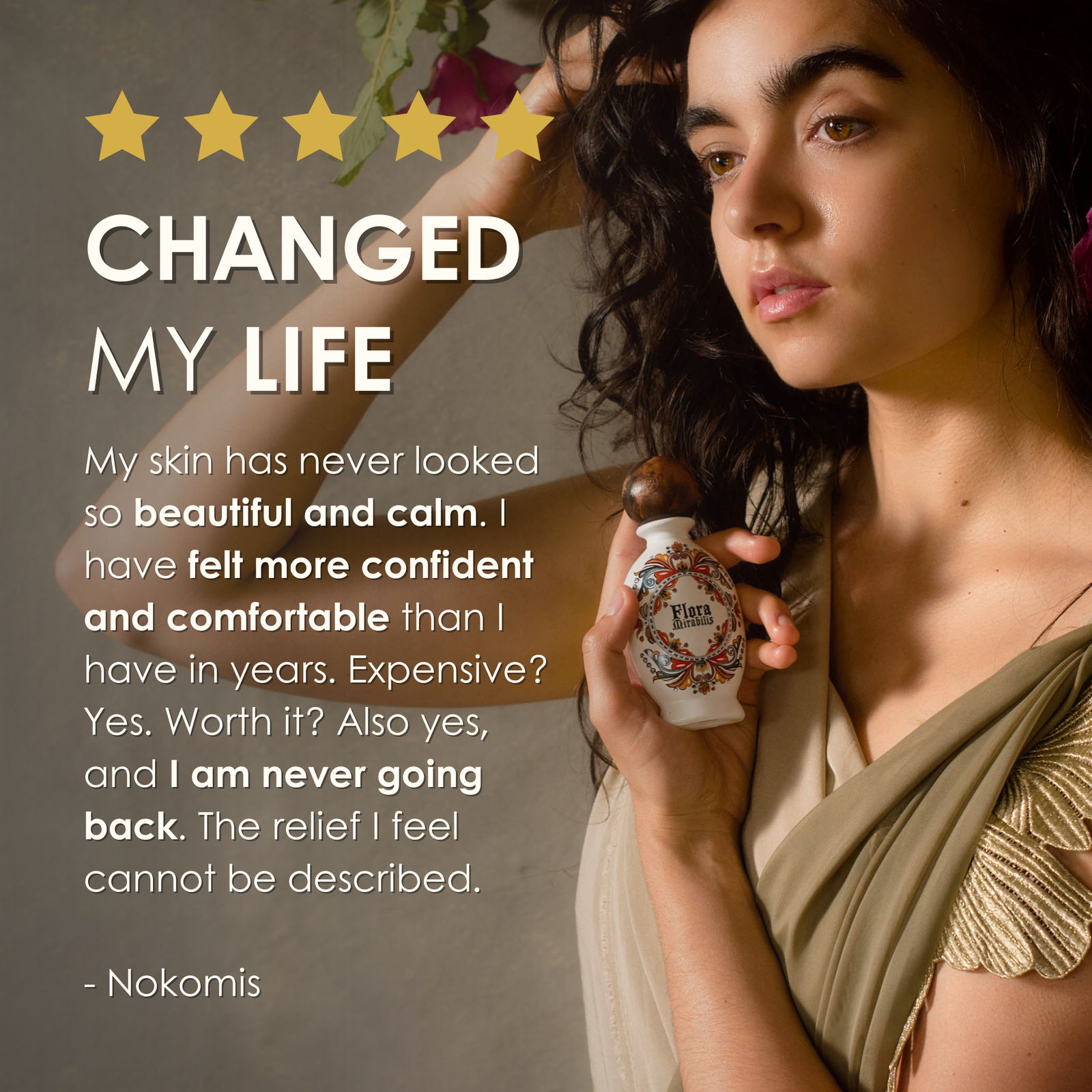 Woman holding Flora Mirabilis Holy Grail Face Oil bottle with five-star review text overlay describing improved skin clarity and calmness.