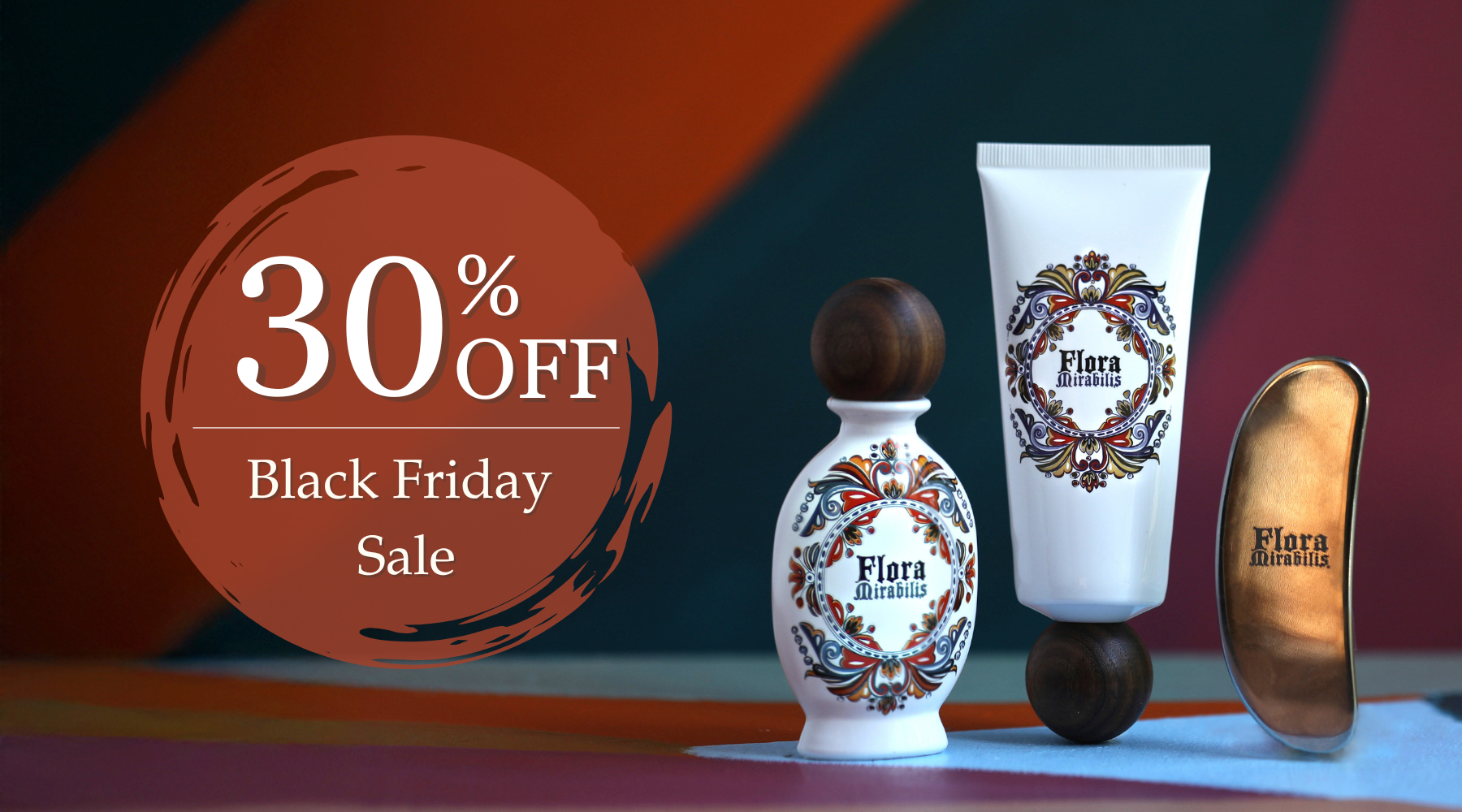 Flora Mirabilis beauty products with a 30% off Black Friday sale label on a colorful background
