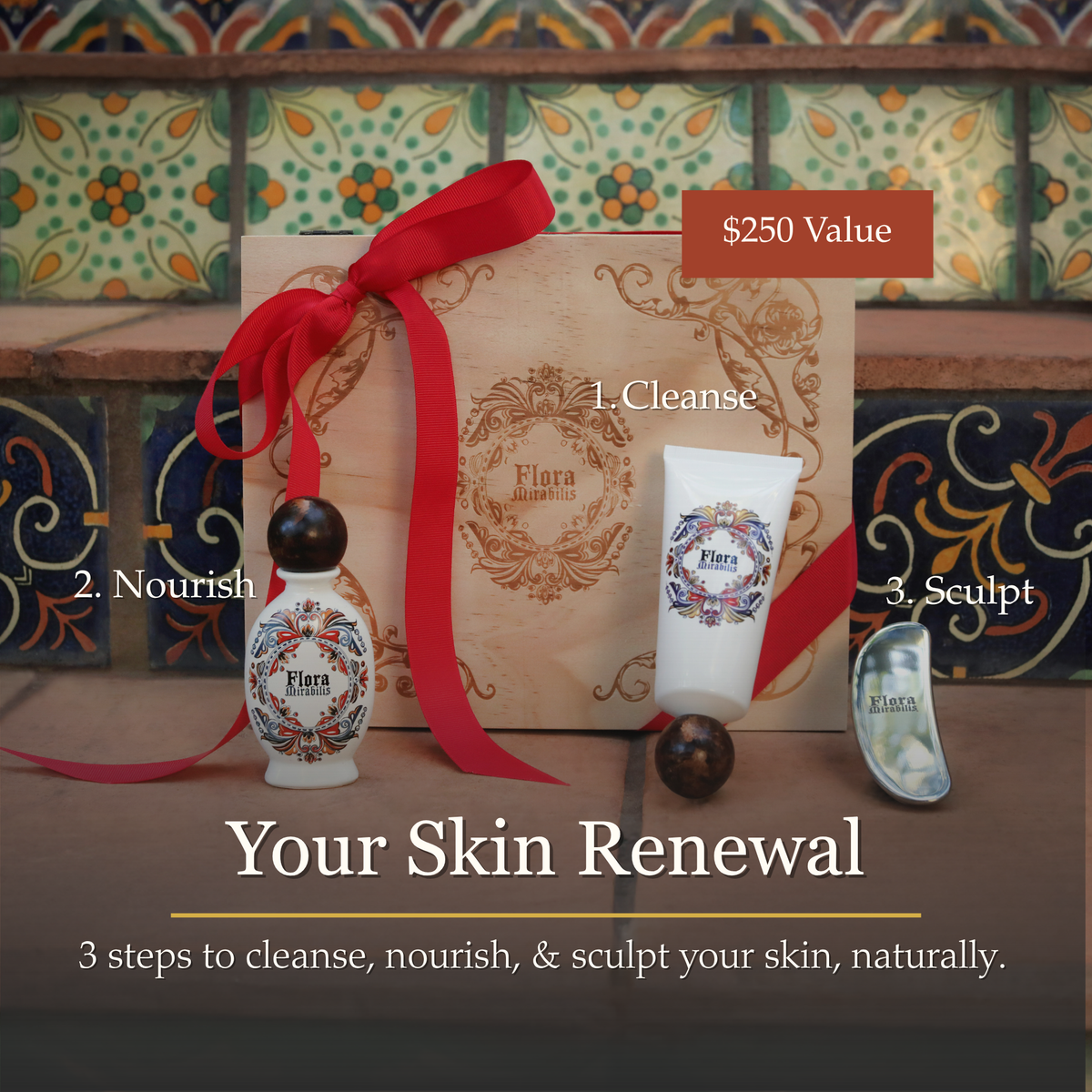 Flora Mirabilis Full Regime Gift Set with wooden box tied in a red ribbon, featuring the Cleansing Clay, Holy Grail Face Oil, and Beauty Tool labeled as steps to cleanse, nourish, and sculpt.