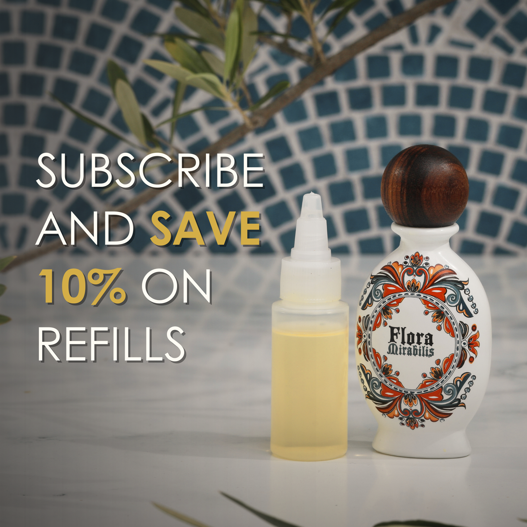 Flora Mirabilis Holy Grail Face Oil refill bottle next to full-size bottle with text overlay promoting 10% savings on refills through subscription.
