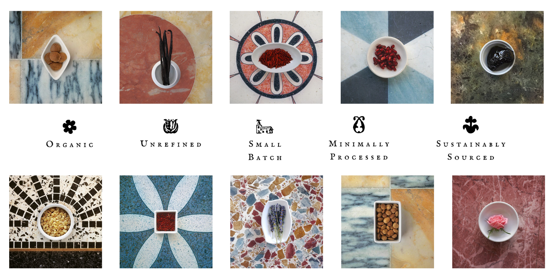Flora Mirabilis Ingredients displayed in bowls against different tiled background and sourcing information
